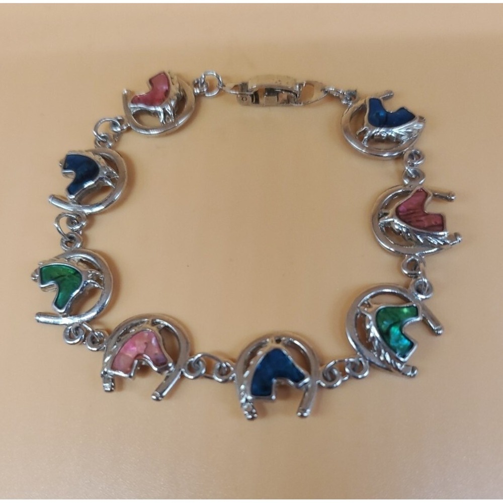Silvertoned Horseshoe/Horse Head Bracelet‎ Multicolored Enamel Equine/Equestrian